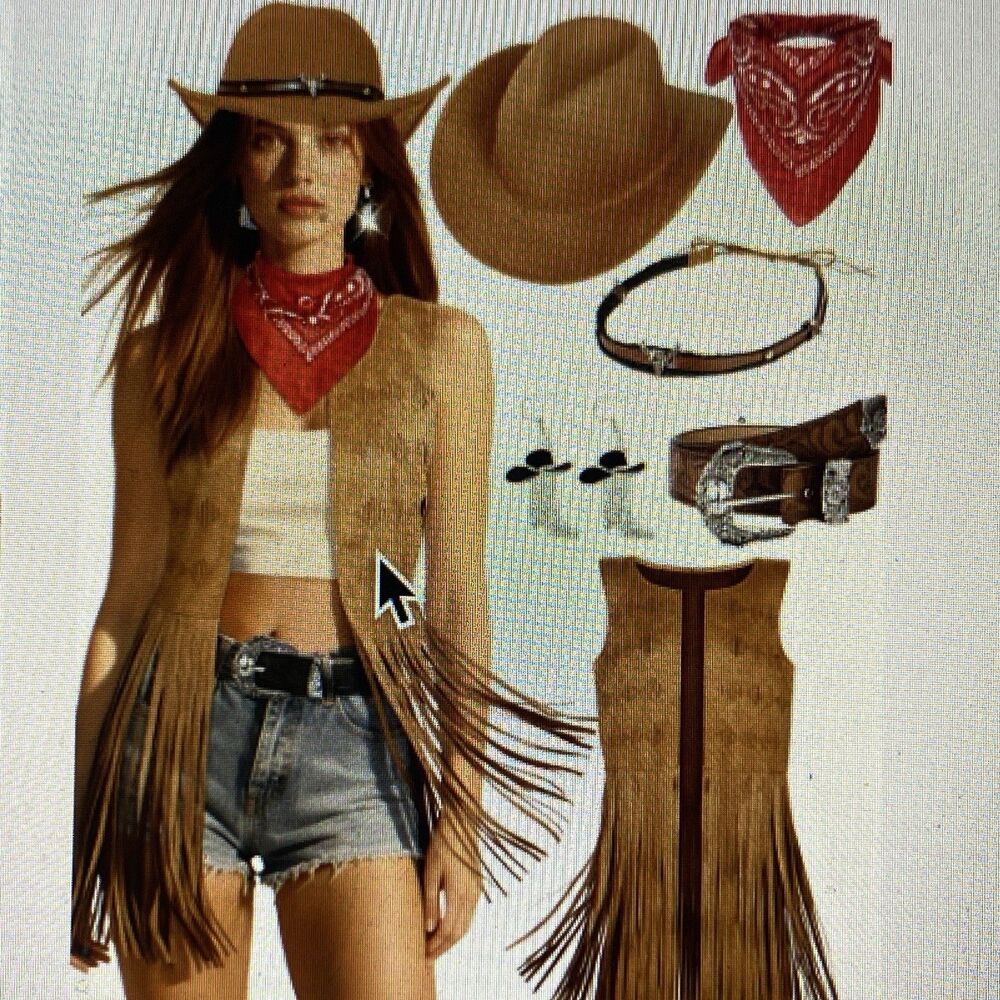 7Pc NEW Western Cowgirl Costume 70s Fringe Suede Vest Hat Jewelry Belt 2 Bands